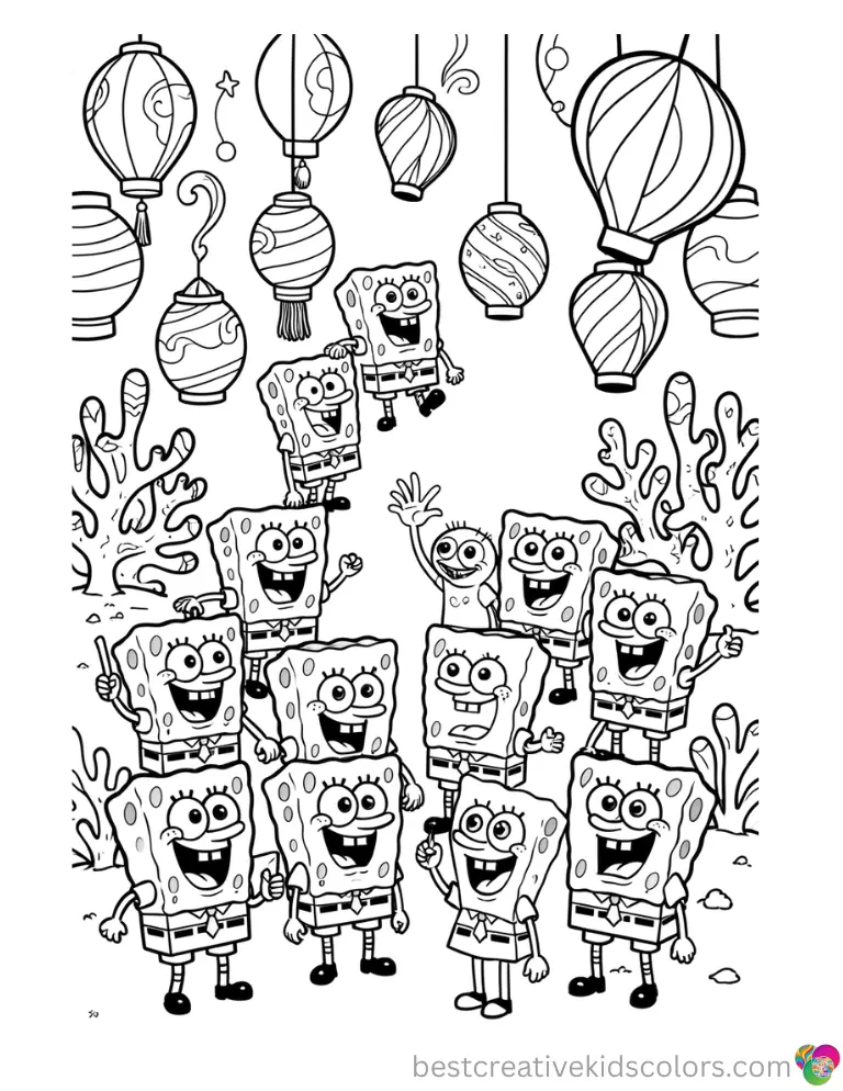 10 SpongeBob characters with pictures captures SpongeBob leading friends past glowing coral candy lanterns.