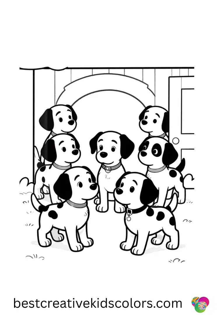 101 Dalmatians coloring page 101 Dalmatians coloring page shows puppies playing hide-and-seek in a snowy courtyard.