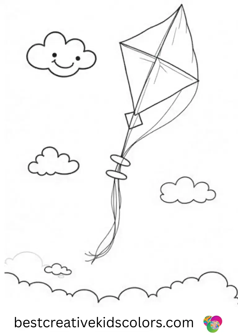 A colorful kite spins high in the sky above 5 de mayo coloring page easy as clouds drift softly.