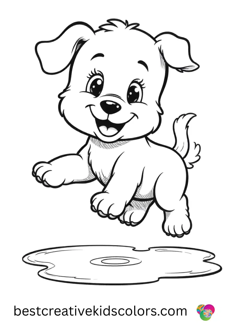 A puppy jumps over small puddles in 5 de mayo coloring page free on a sunny backyard floor.