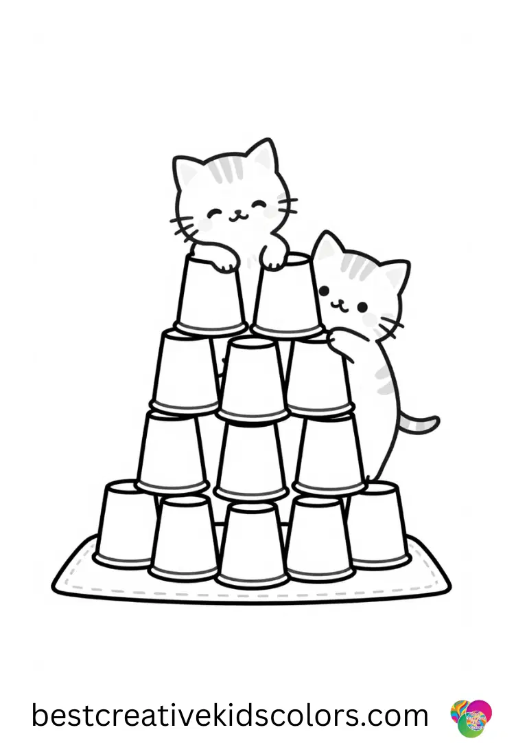  A kitten stacks paper cups into a tall tower on a clean mat in A cat coloring sheet.