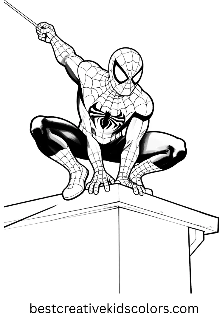 A web swings between characters in Spiderman Venom coloring pages while both land softly on a roof.
