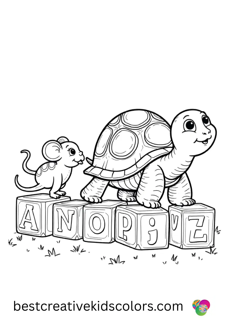 Letter blocks create a trail as a turtle follows a hopping mouse in Abc mouse turtle coloring pages.