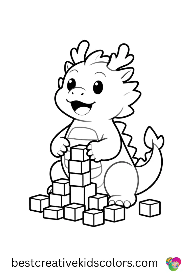 Abcmouse dragon coloring pages shows a dragon arranging miniature toy blocks into patterns.