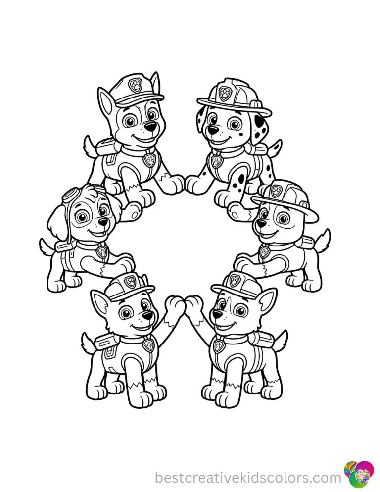 Clean, simple outlines show the Paw Patrol pups holding paws in a large circle.