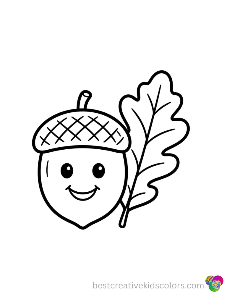 Adorable Printable Fall Coloring Pages (High-Res 2026) A large, smiling acorn sits quietly next to a big oak leaf.