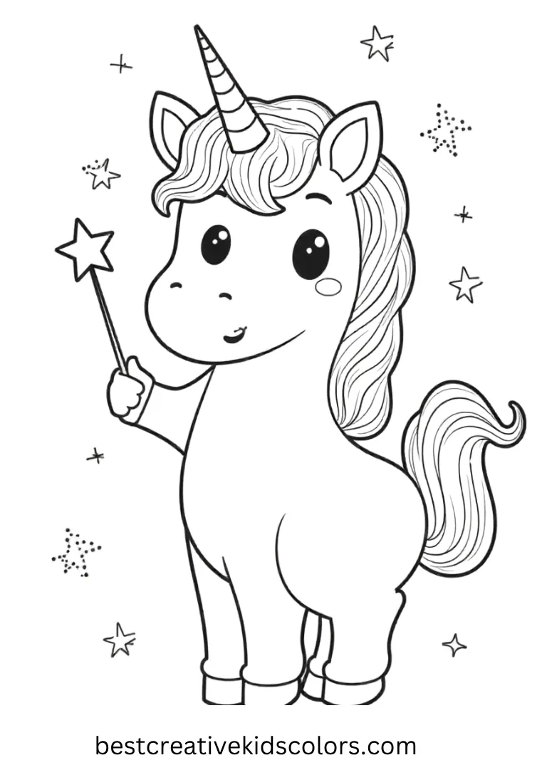 A magical unicorn waves a tiny star wand, surrounded by sparkles, in this cute and simple Unicorn Coloring Page.