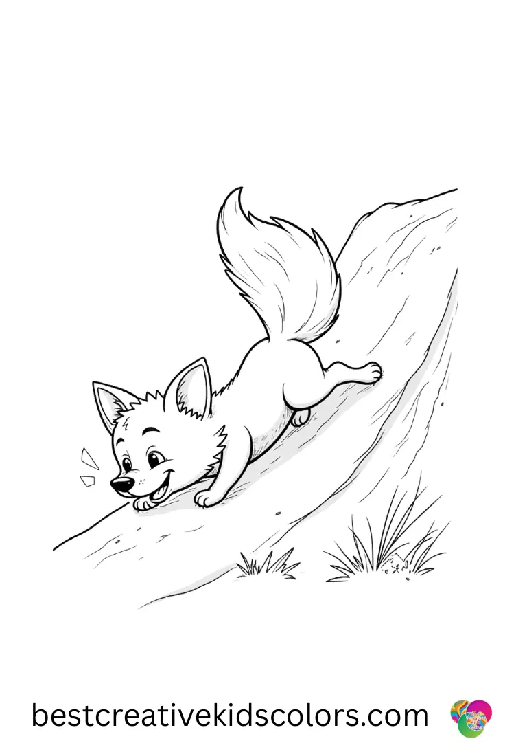 A fox rolls down a gentle hill of soft sand in Adorable fox with a big smile coloring page download.
