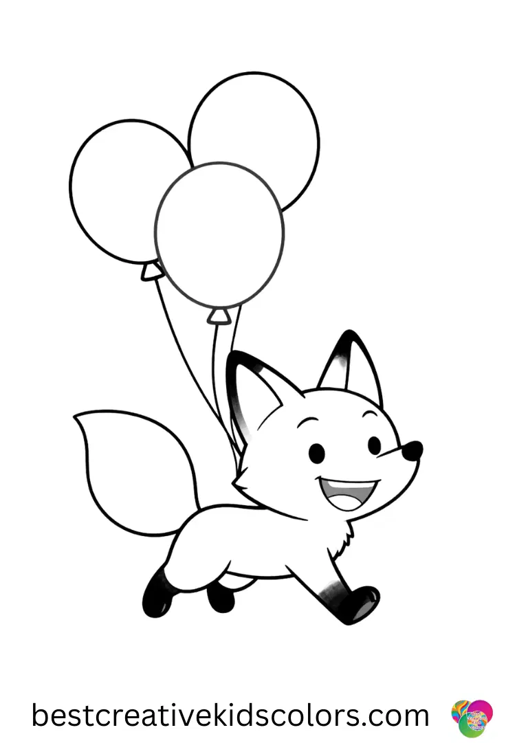 Adorable fox with a big smile coloring page easy depicts a fox playing with floating balloons.