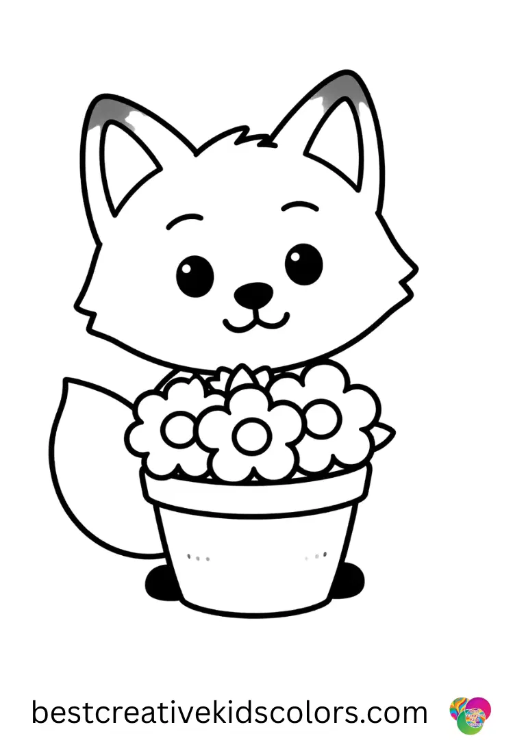 Adorable fox with a big smile coloring page free shows a fox hugging a basket of flowers.