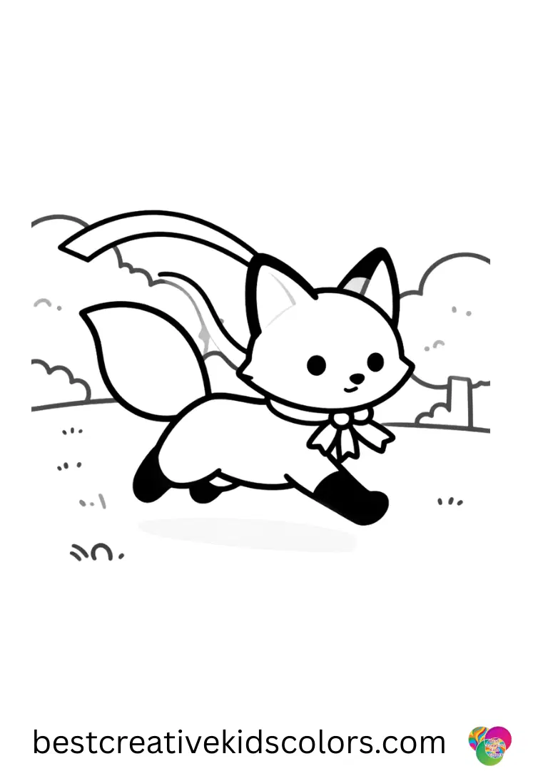 Adorable fox with a big smile coloring page pdf has a fox skipping with a ribbon through a park.