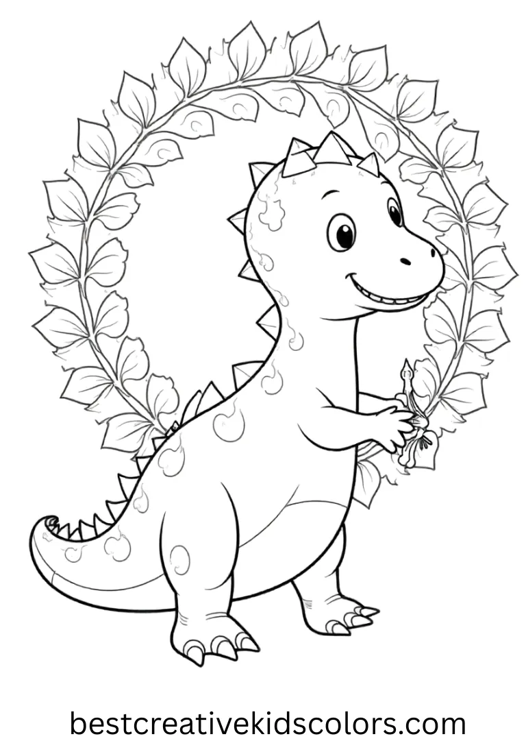 Adult dinosaur coloring pages depicts a dinosaur arranging leaves into a circular pattern.