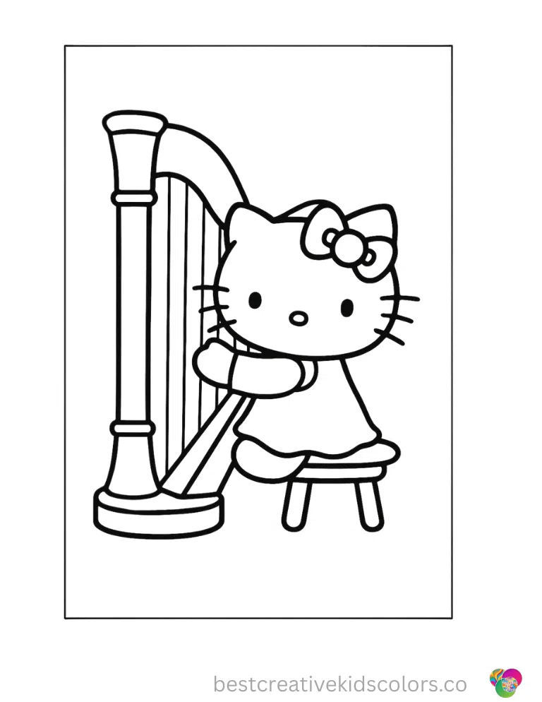 Hello Kitty plucks a thick string on a classical harp.