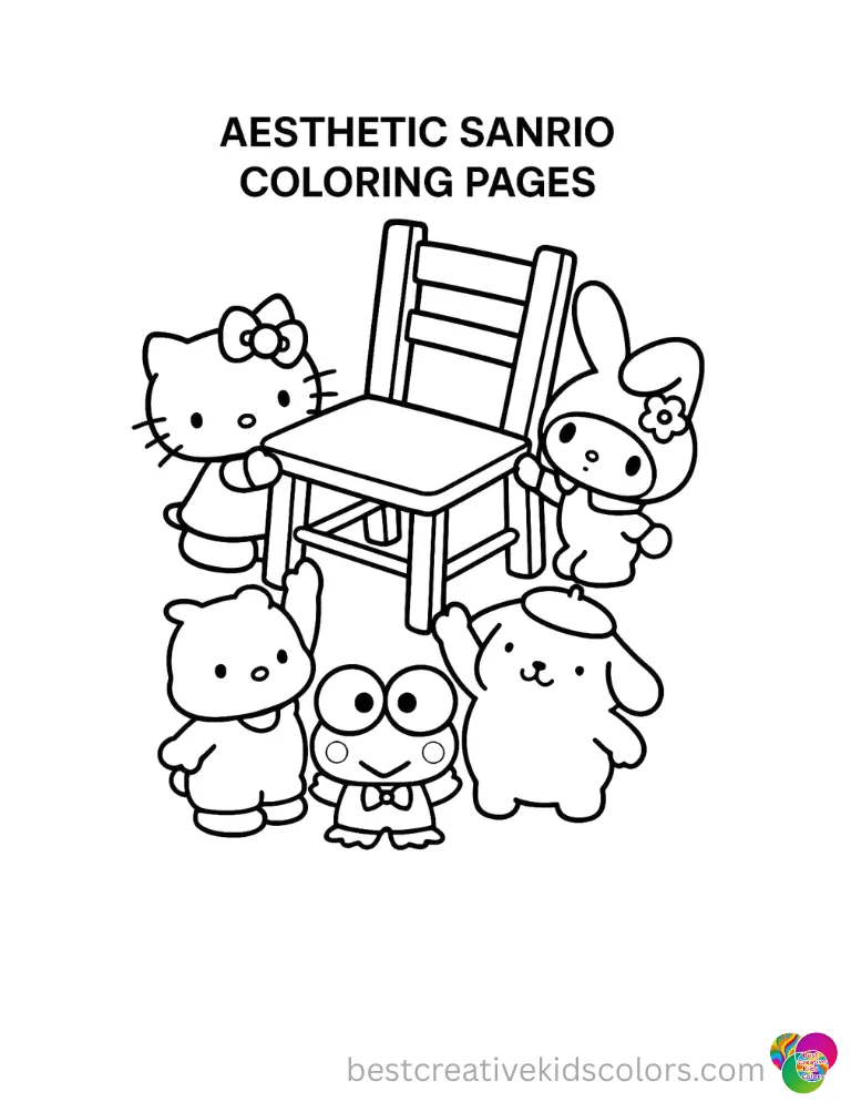 Aesthetic sanrio coloring pages cleanly features Sanrio characters lifting a wooden chair.