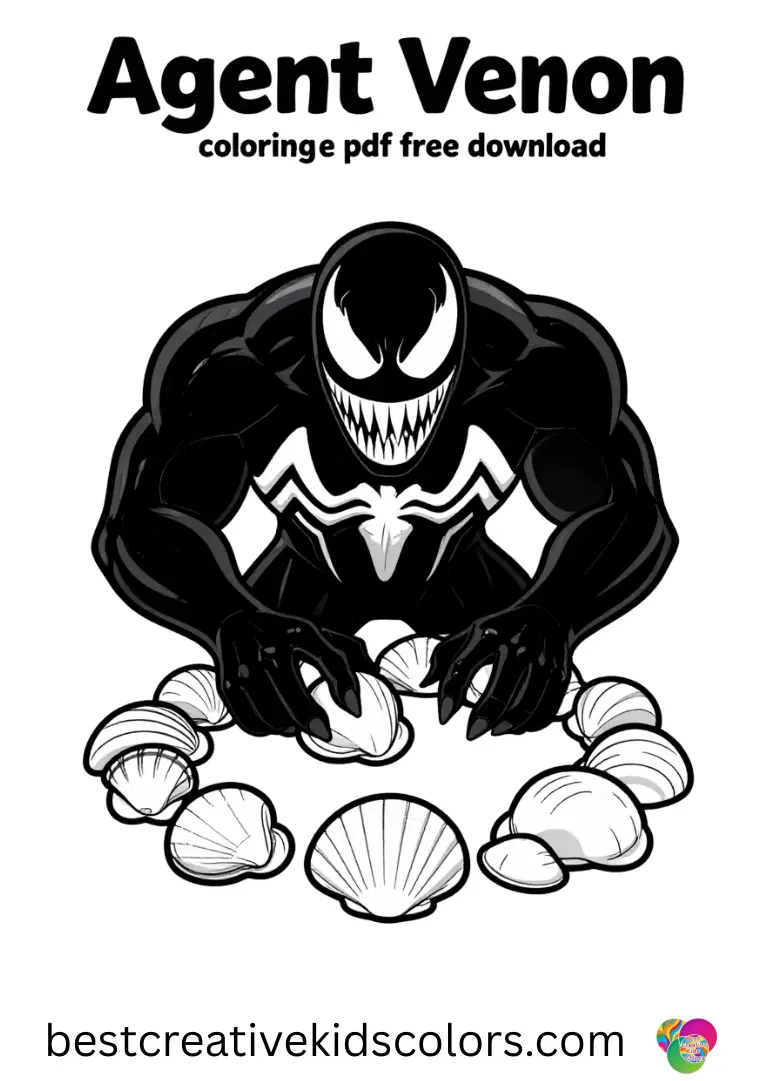 Venom arranging seashells into a neat circle is shown in Agent venom coloring page pdf free download.