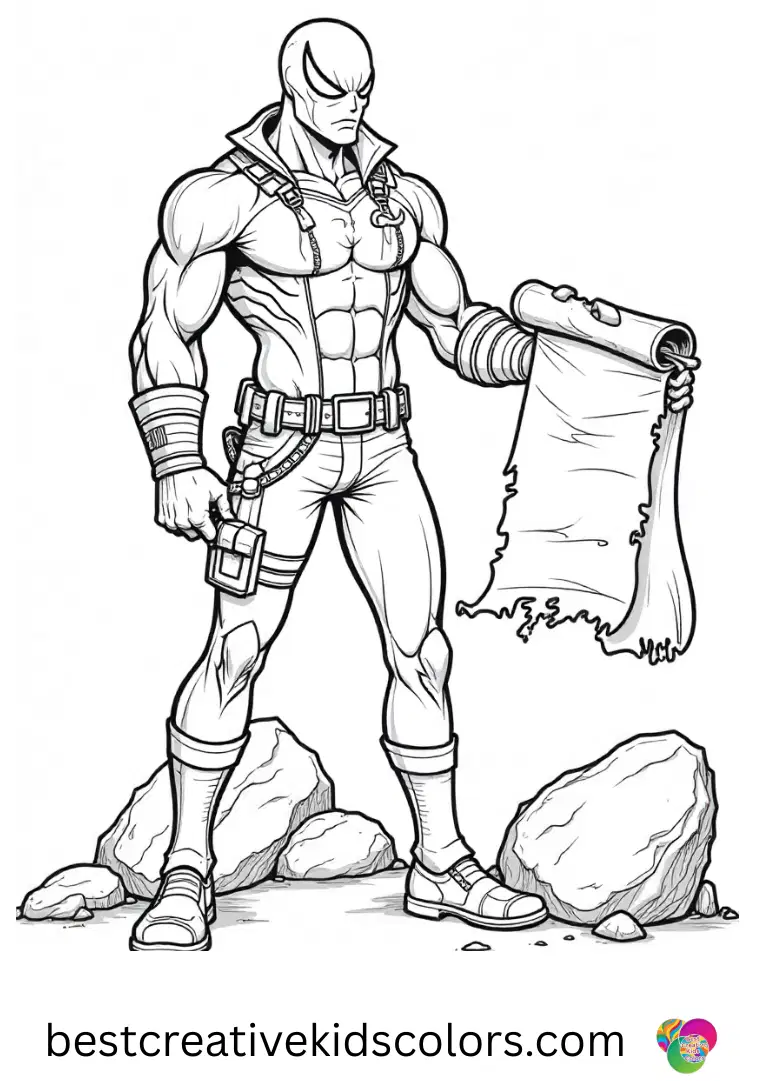 Agent venom coloring page pdf features Venom reading a folded treasure map beside a small rock.