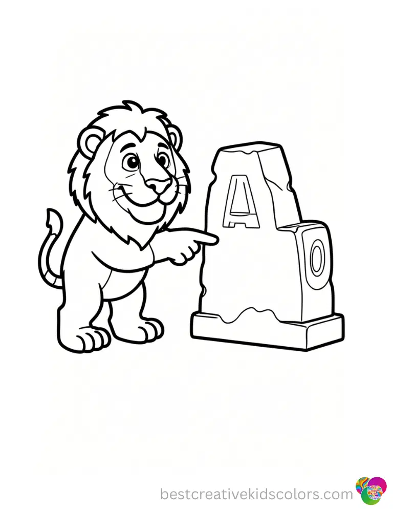 Alex the lion real name shows Alex pointing at carved stone letters arranged in a neat row.