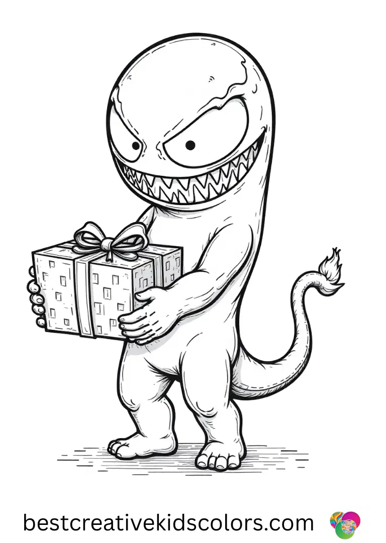 Venom gently opening a wrapped present with a bow appears in Among us venom coloring page easy.