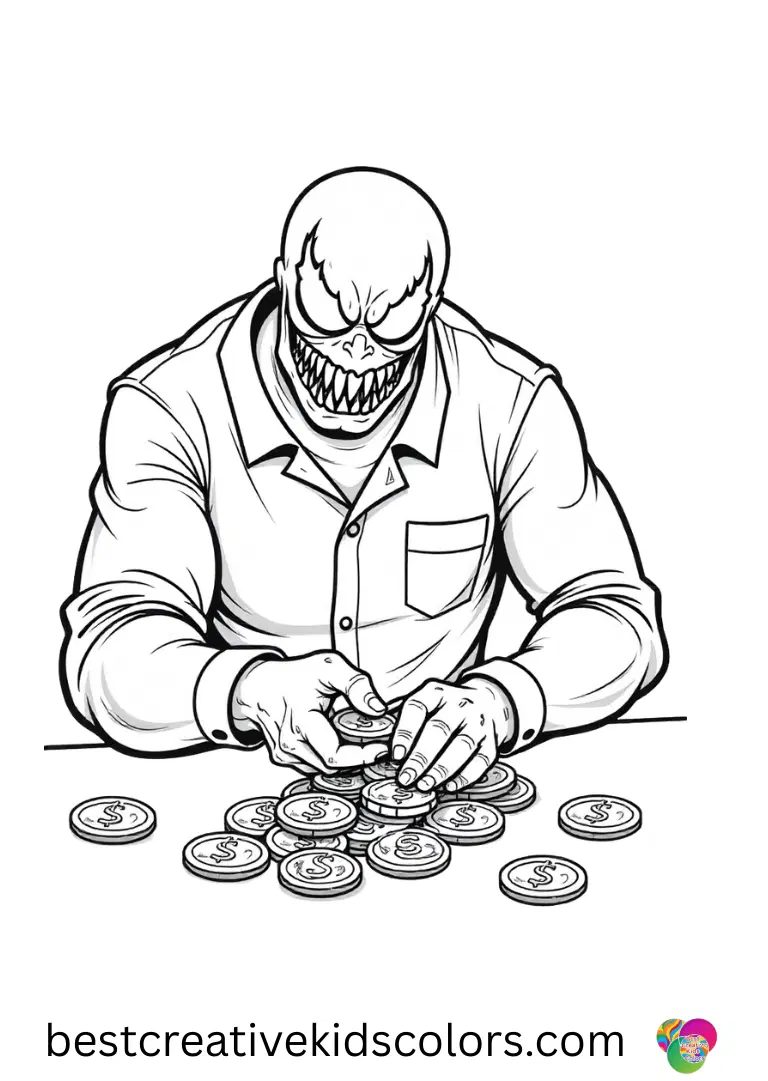 Among us venom coloring page for adults shows Venom counting coins into neat rows on an open table.