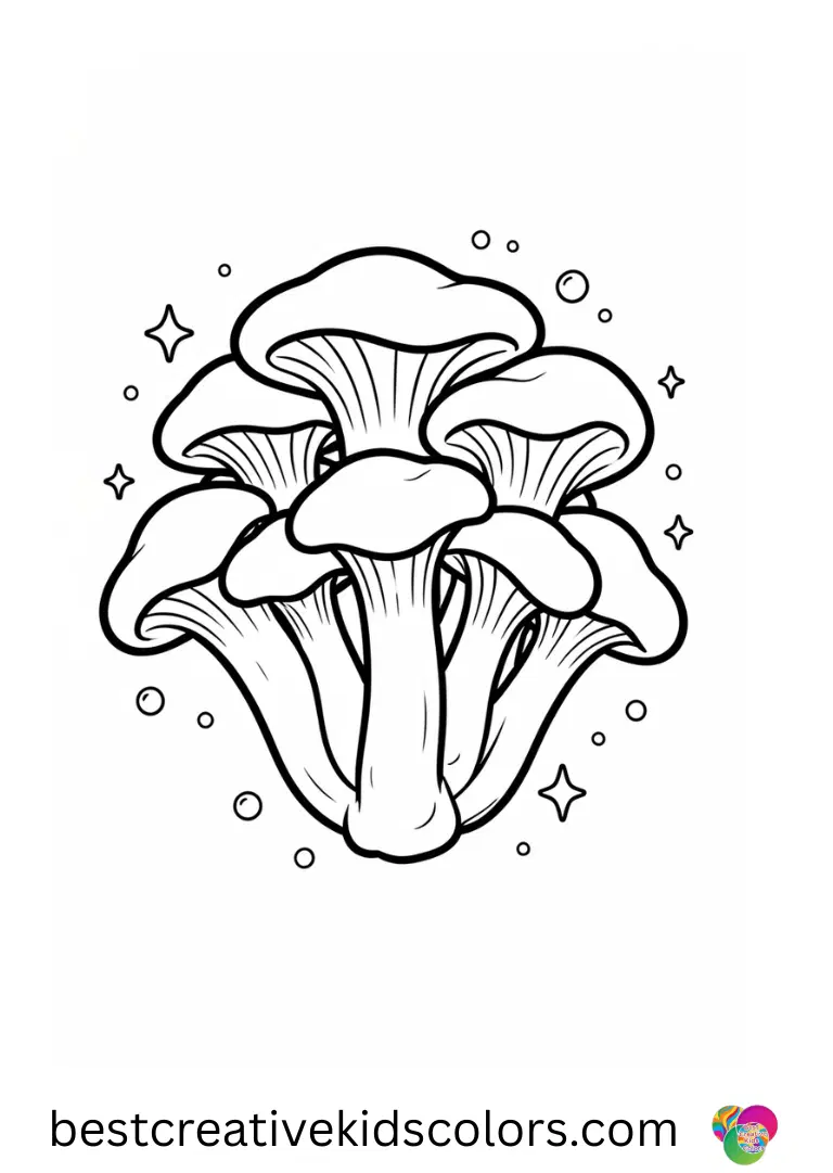 Anatomy of oyster mushroom shows a cluster of mushrooms with tiny sparkling bubbles surrounding them.
