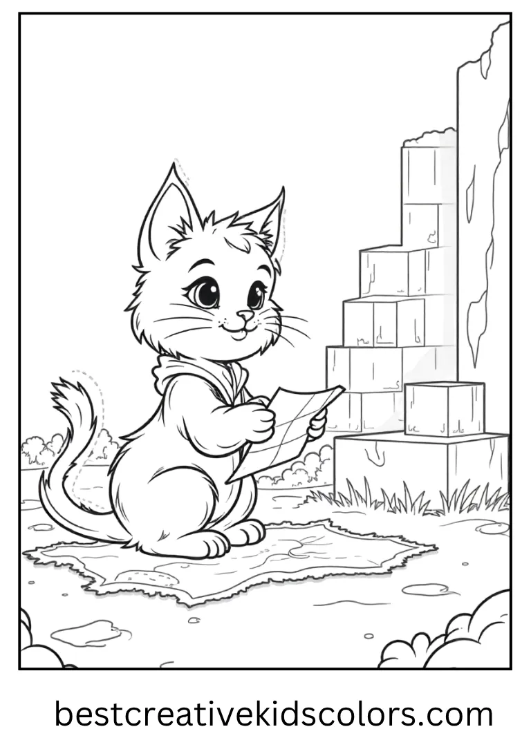 Ancient Ruins Explorer Kitty Coloring Page She studies a tiny map near big blocky ruins that are easy to color.