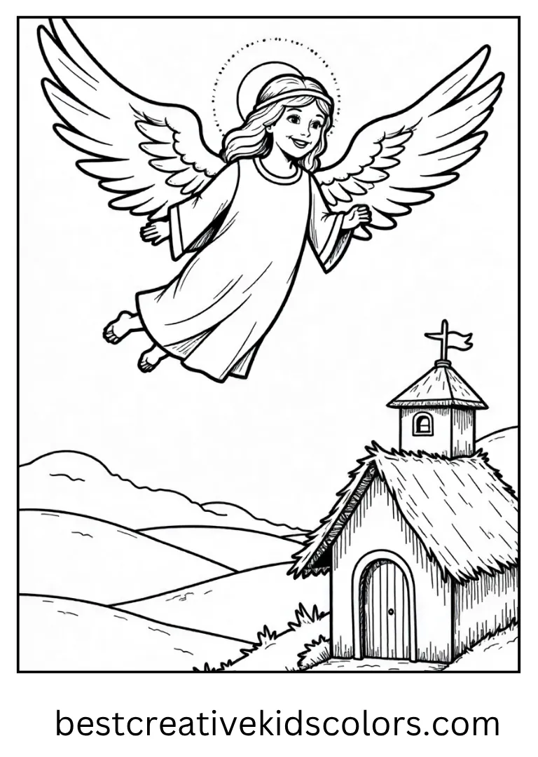 Angel Over Bethlehem Coloring Page An angel flies above a small town with open wings.