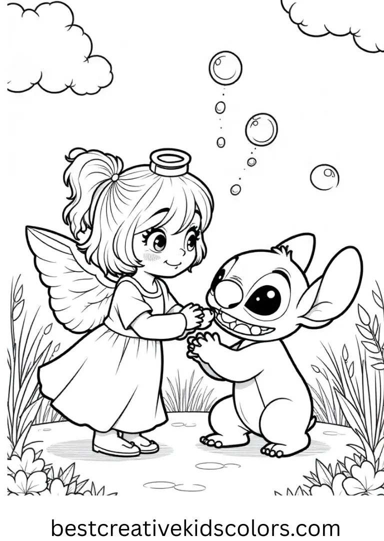 Angel and Stitch colouring pages shows them blowing magical bubbles in a sunny garden.