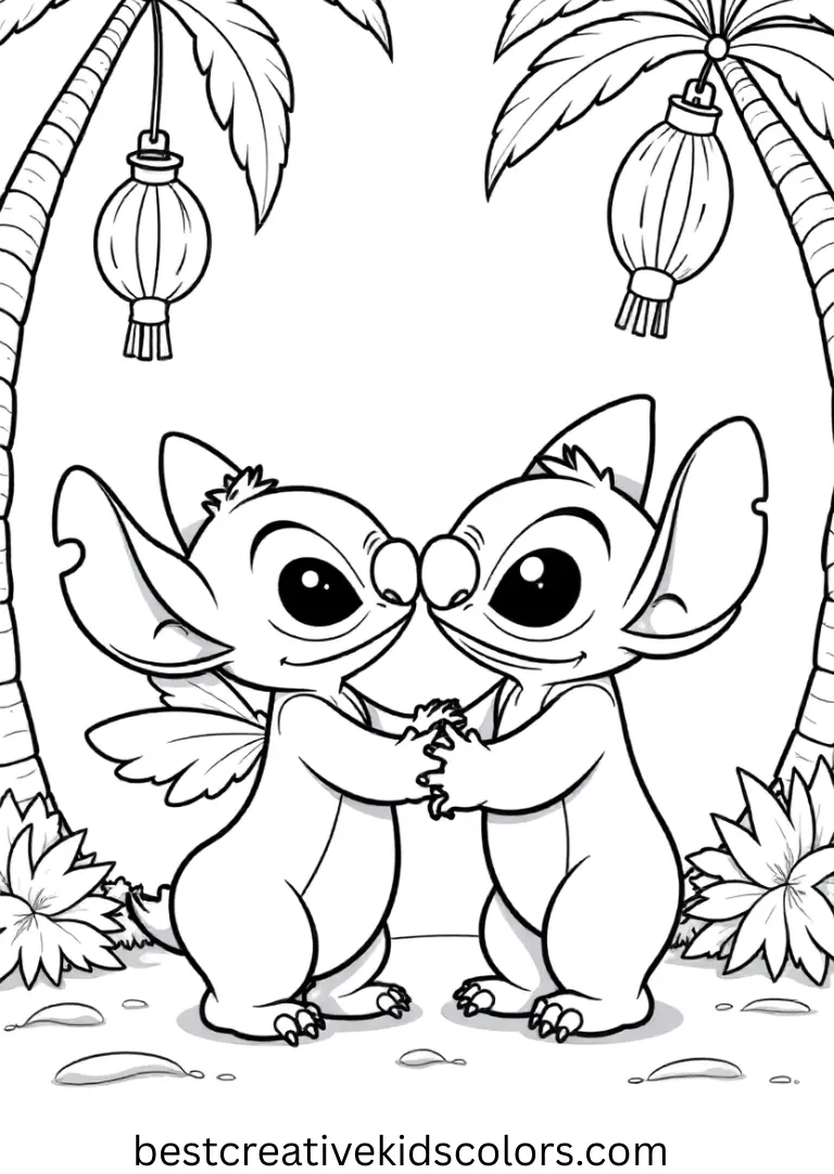 Angel and stitch coloring pages disney shows them dancing under twinkling tropical lanterns.