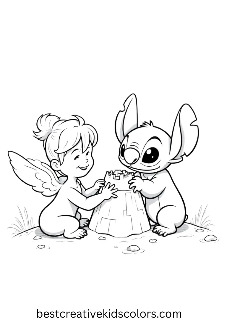 Angel and stitch coloring pages easy depicts Angel and Stitch building a sandcastle together.