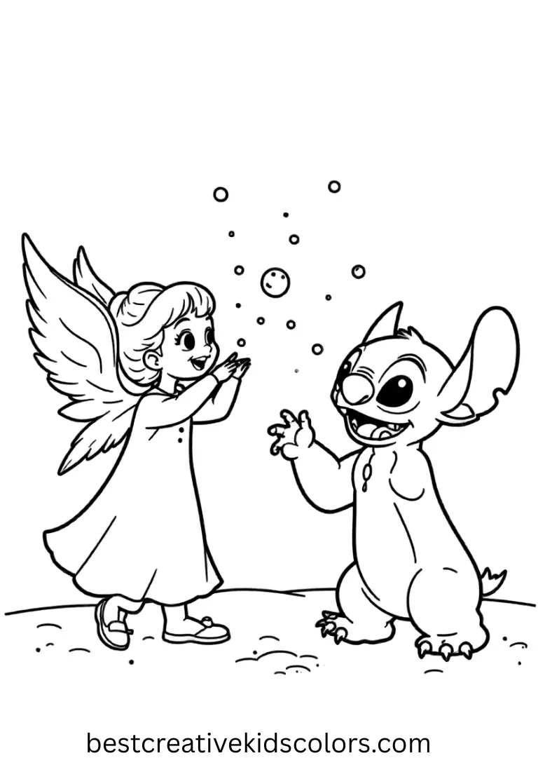 Angel and stitch coloring pages free shows them having a playful snowball fight.