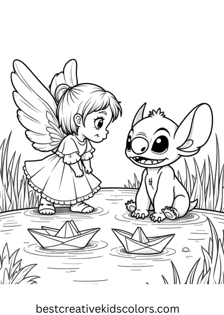 Angel and stitch coloring pages pdf free download shows them floating paper boats on a pond.