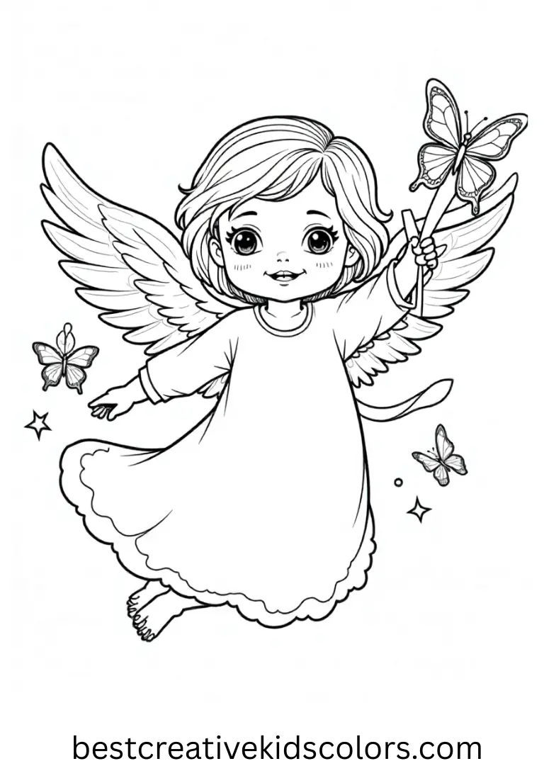 Angel coloring pages from stitch easy shows Angel flying with colorful butterflies.