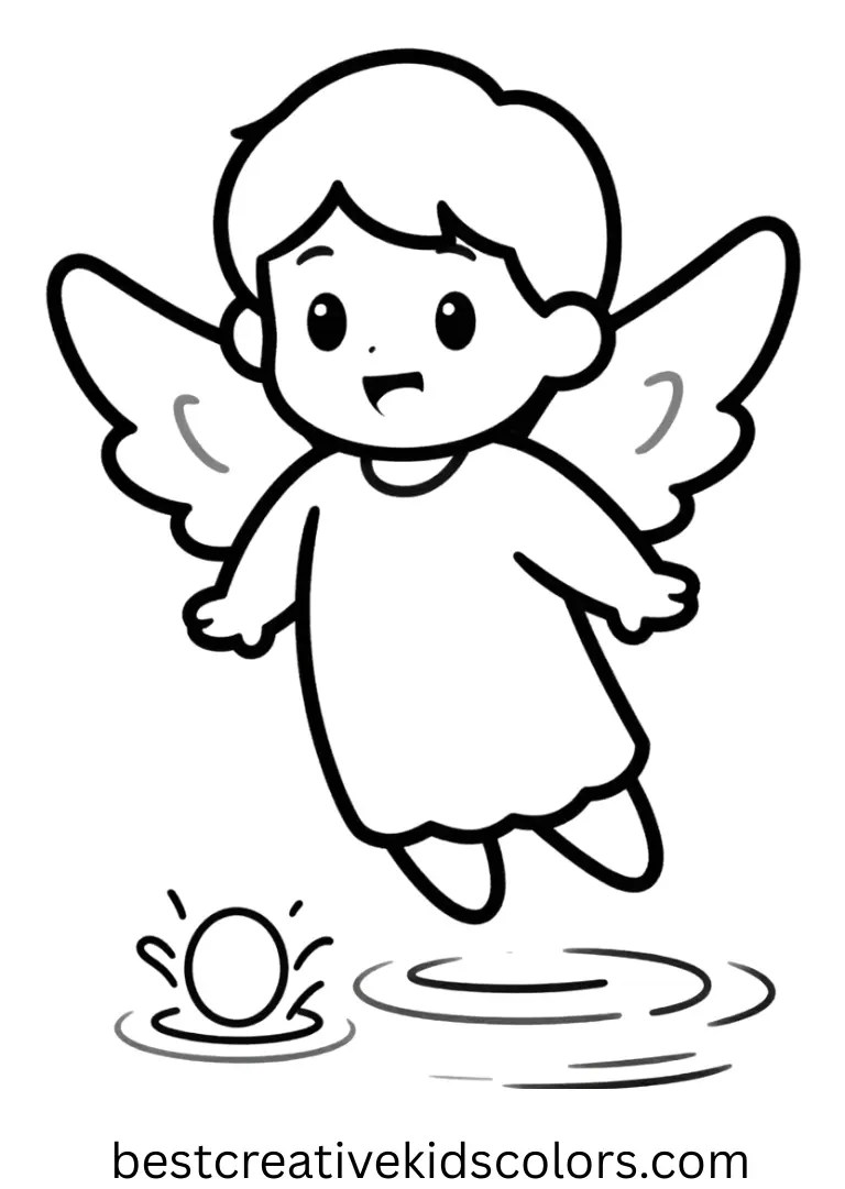 Angel coloring pages from stitch free shows Angel floating on a sparkling pond.
