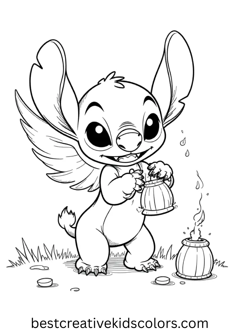 Angel coloring pages from stitch pdf free download shows Angel playing with glowing lanterns.