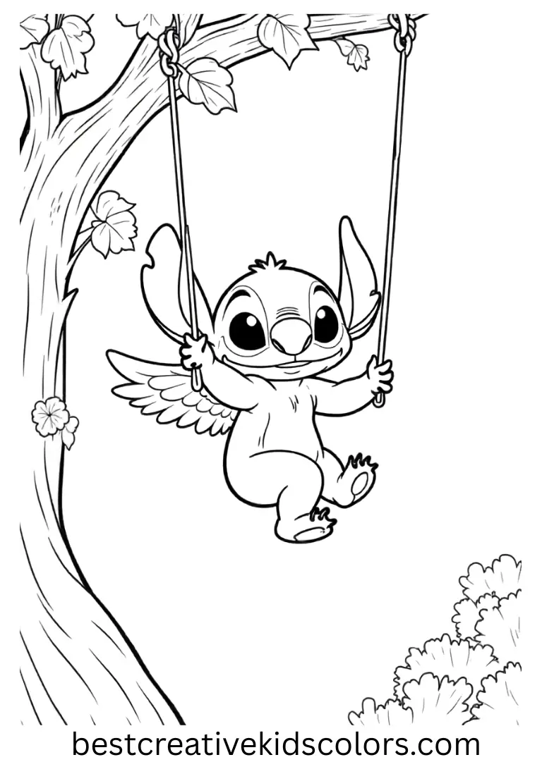 Angel coloring pages from stitch pdf free download shows Angel playing with glowing lanterns.