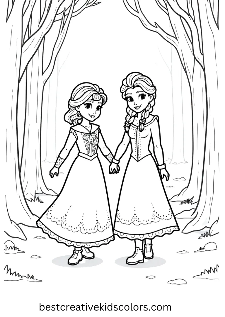 Magical Disney Coloring Pages – Print & Color for Kids 33 Anna Elsa Snowy Forest Walk Disney Coloring Sheet