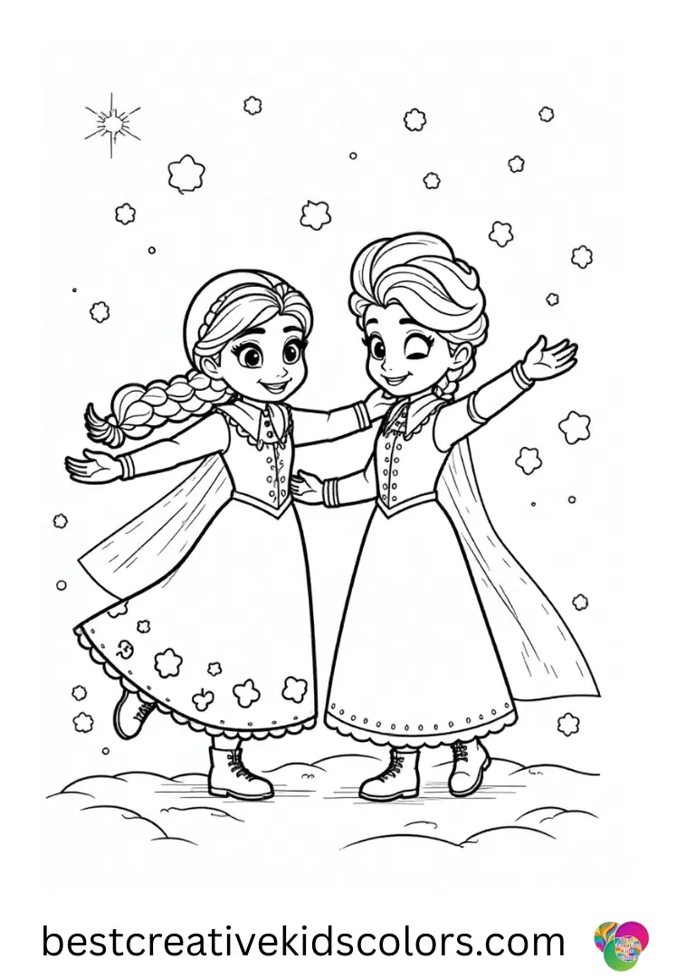 Anna and elsa coloring sheet free Color Anna and Elsa creating snow angel patterns on clear winter backgrounds.
