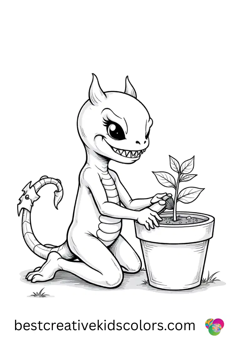 Venom watering a tiny sprouting plant in a clay pot is the focus of Anti Venom Coloring Pages.
