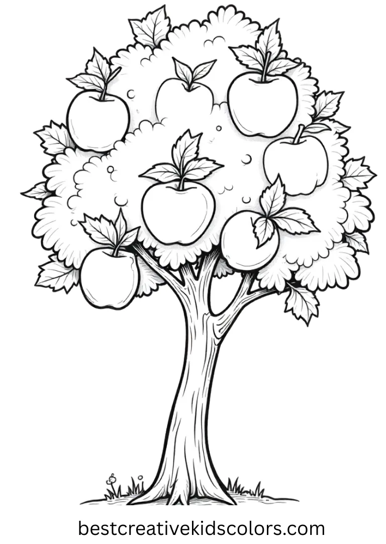 An apple in a garden with labels for kids to explore.