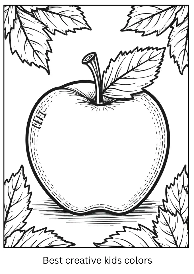 Apple with Autumn Leaves Coloring Page