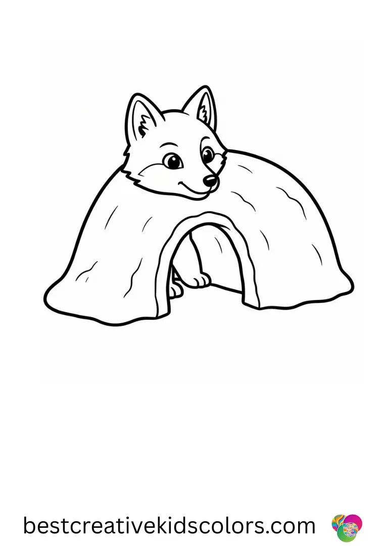Arctic Fox printable coloring page depicts a fox building a small snow tunnel.
