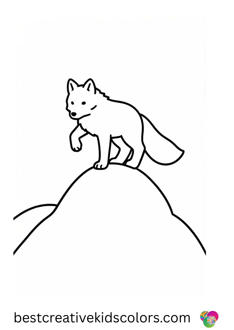 Artic fox coloring pages show a fox balancing on a snowy rock under drifting snow.