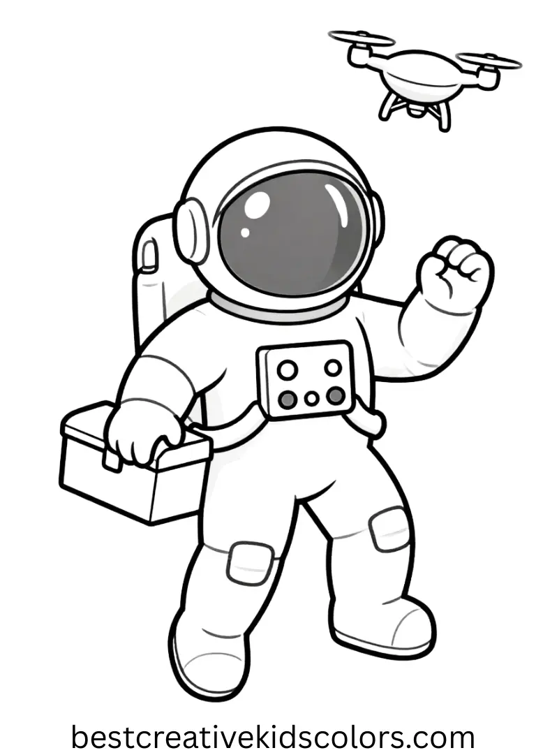 A toolbox turns softly while a drone circles with tiny blinking lights in Astronaut floating in Space GIF.