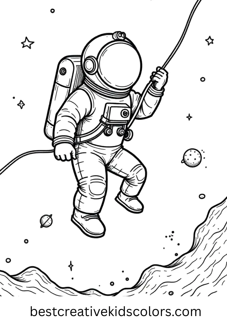 A lone explorer gently adjusts a tether near drifting stardust in Astronaut floating in space picture.