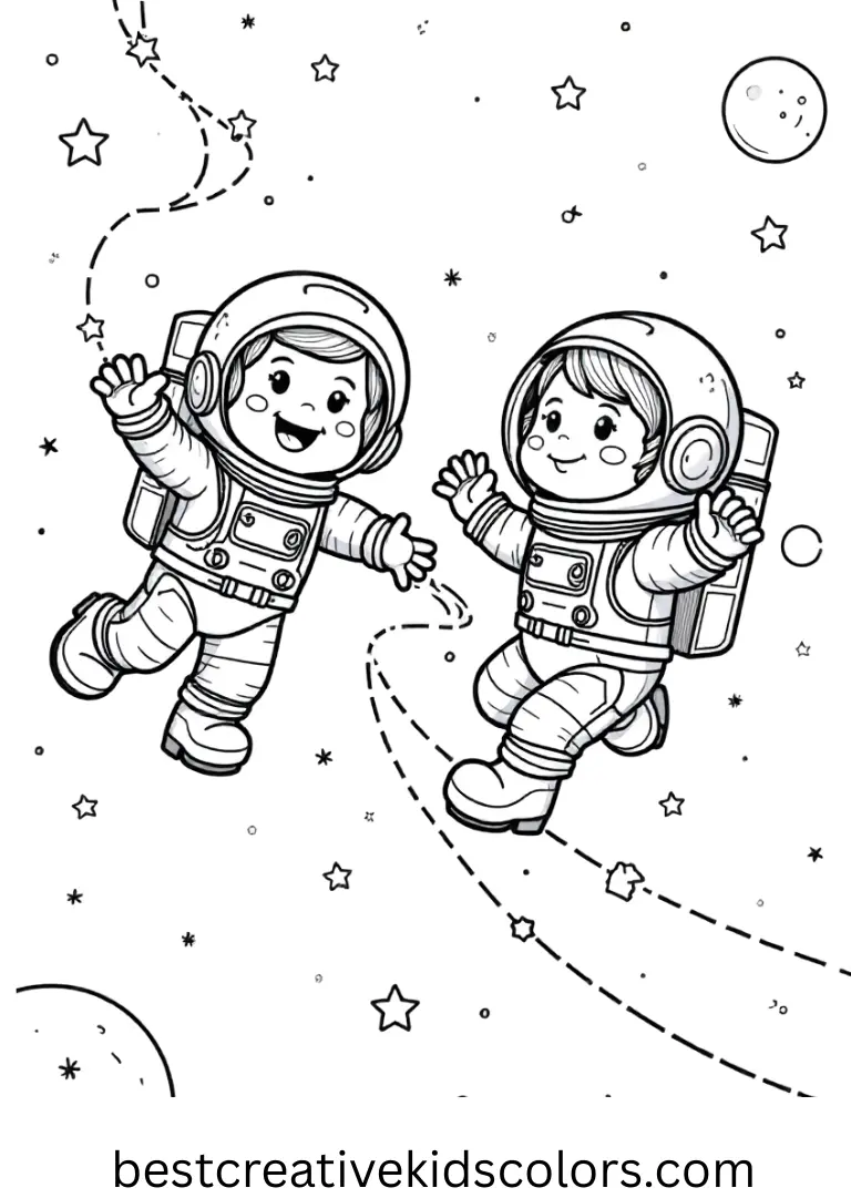 Two explorers trace glowing star paths in calm silence as Astronauts floating in the starry galaxy download.