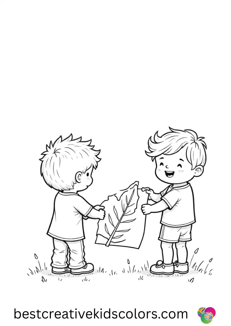 Autumn Coloring pages depicts children tracing leaf shapes onto colored paper for display.