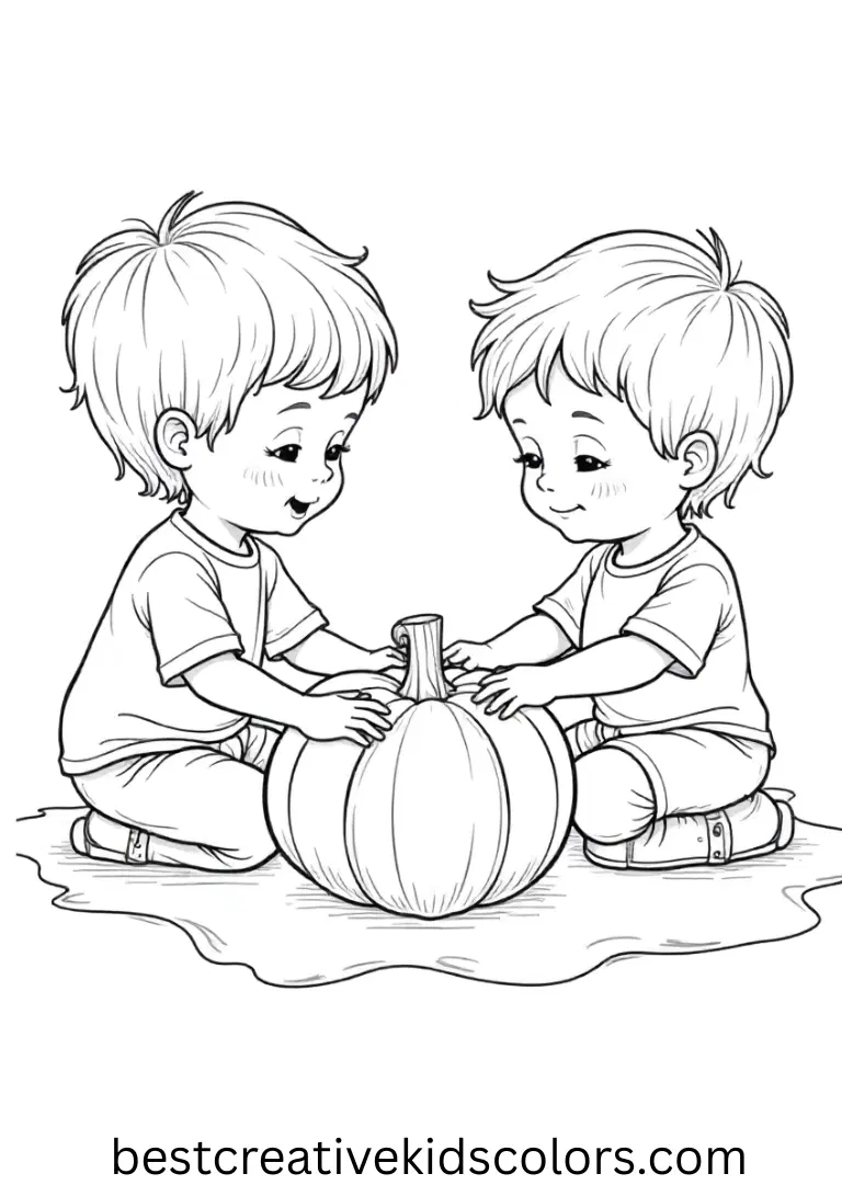 Toddlers create handprint pumpkins on paper in Autumn Colouring Pages for Preschool.