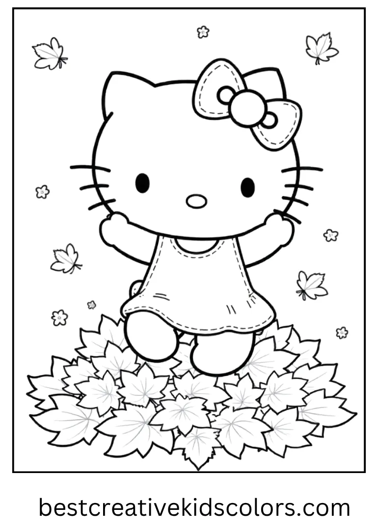 Autumn Leaf Pile Hello Kitty Coloring Page
