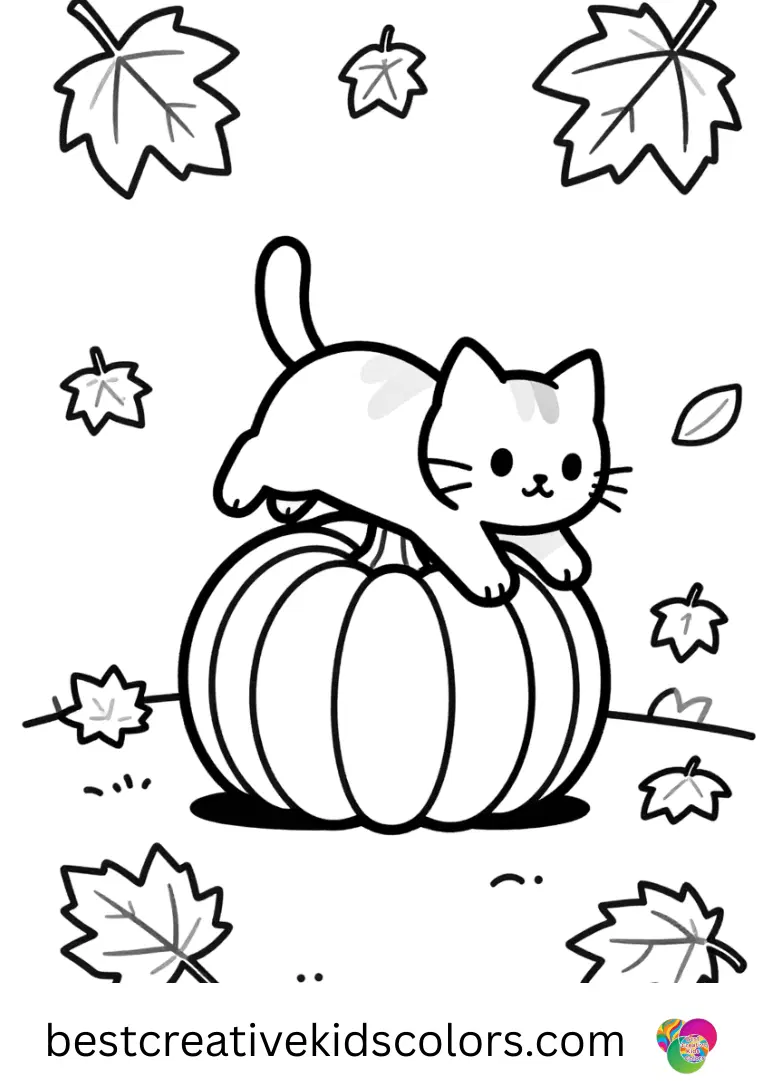 Autumn Leaves Colouring features a kitten chasing a rolling pumpkin across a garden path.