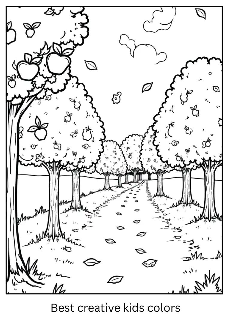 Autumn Orchard Apple Scene Coloring Page